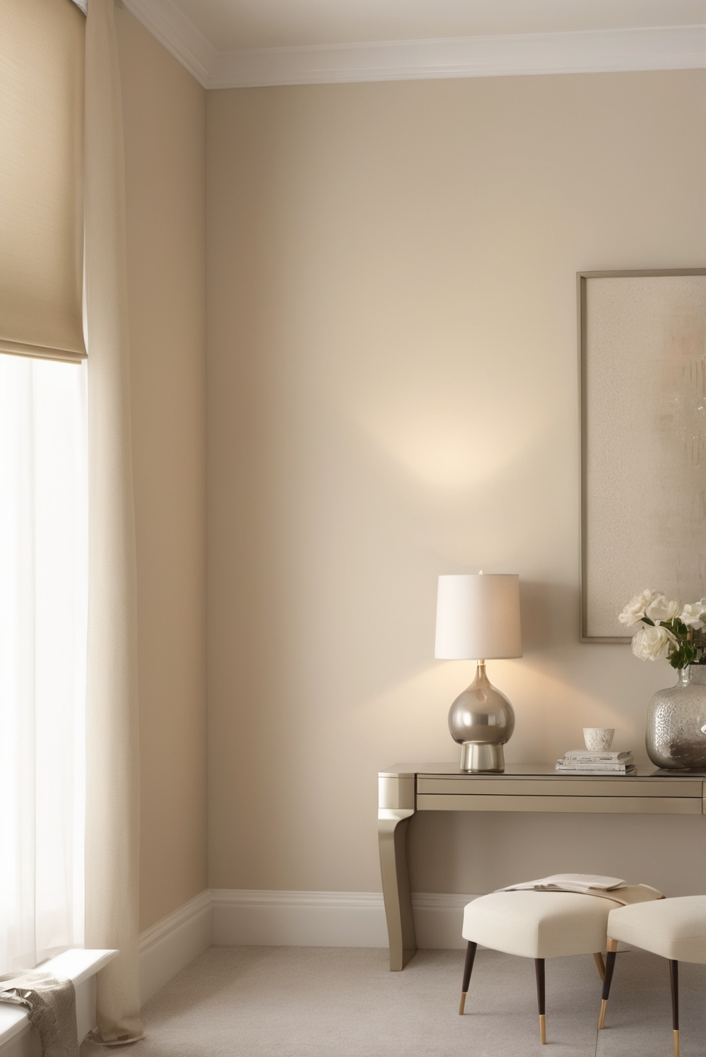 beige wall paint, neutral tones, elegant interior design, contemporary home decor, soft color palette, modern living room design, sophisticated wall color