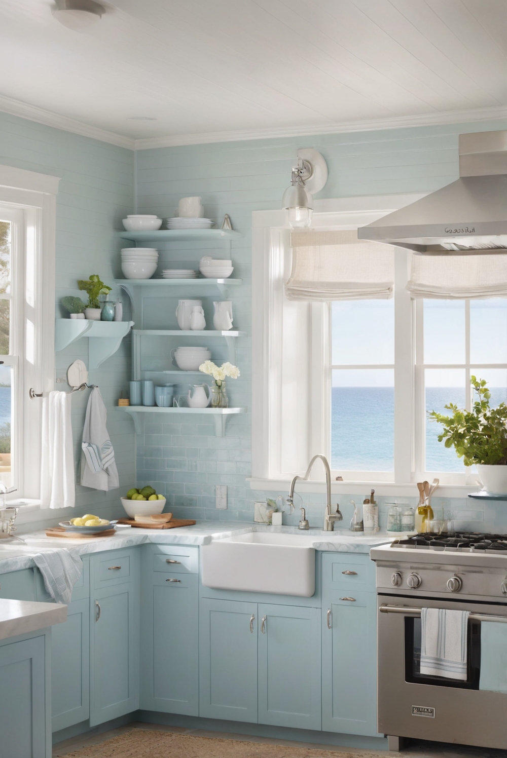 coastal kitchen design, coastal living decor, coastal home interiors, luxury kitchen design, serene kitchen decor, modern coastal interiors, coastal style kitchen.