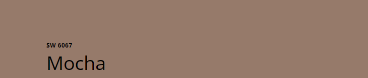 Sherwin-Williams Mocha (SW 6067)
Rich, deep brown with warm undertones, perfect for creating a soothing and elegant retreat.