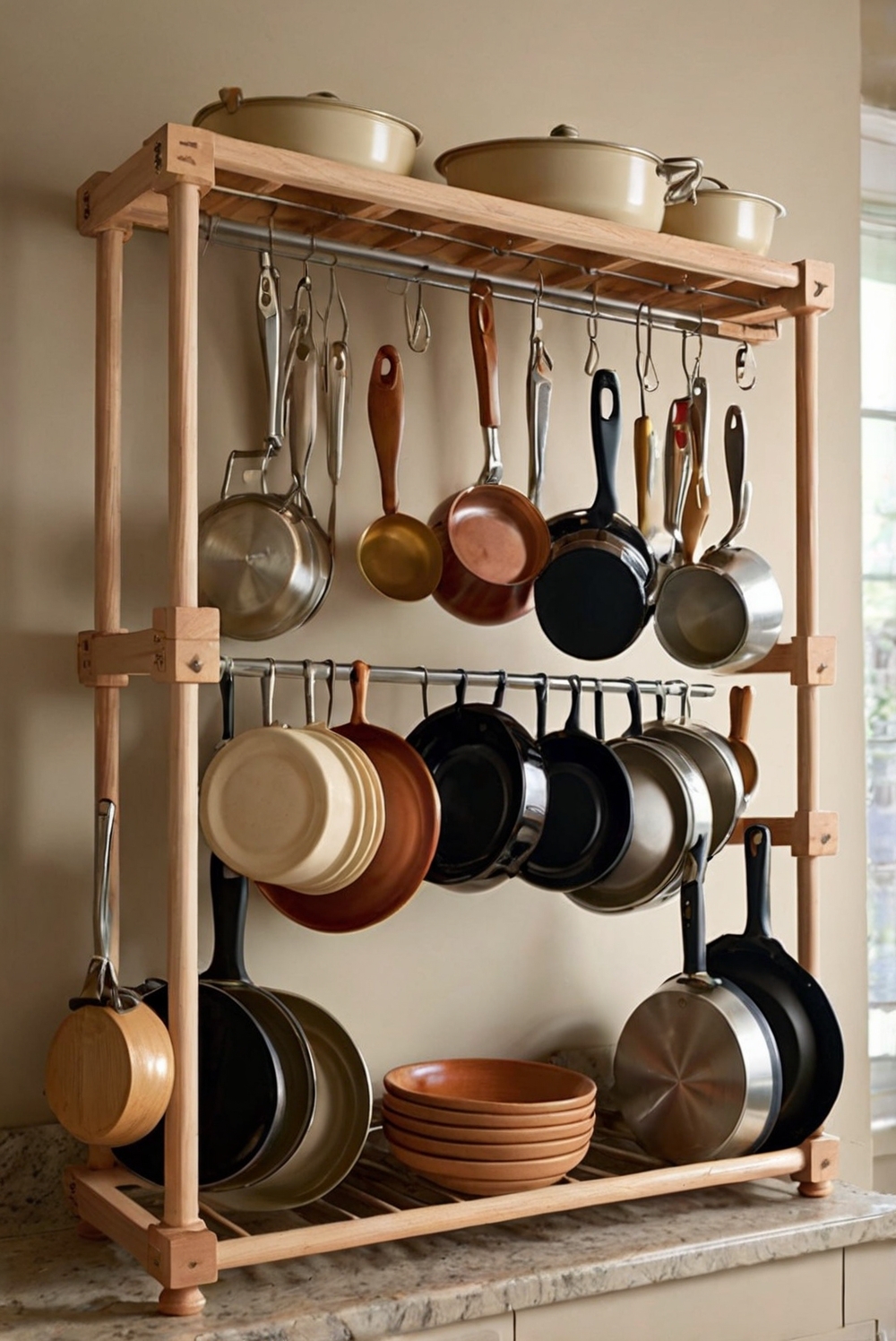 kitchen storage rack, pot and pan organizer, kitchen organization rack, wall mounted pot rack, cabinet pot organizer, hanging pot rack, pull out pot rack