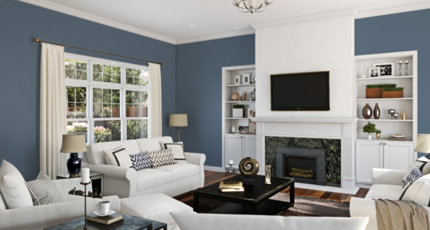 Sherwin Williams Distance (SW 6243)
a deep, sophisticated blue with gray undertones. It evokes a calm, serene atmosphere, making it perfect for creating a tranquil, elegant space.