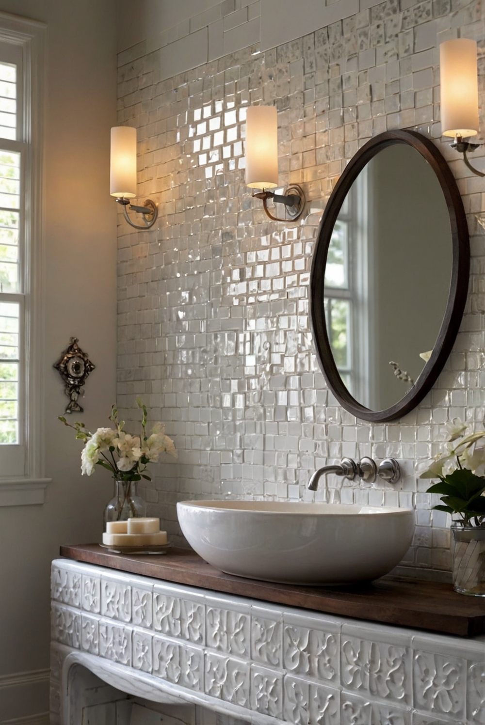 How can I use decorative tiles or mosaics as accents in my bathroom?