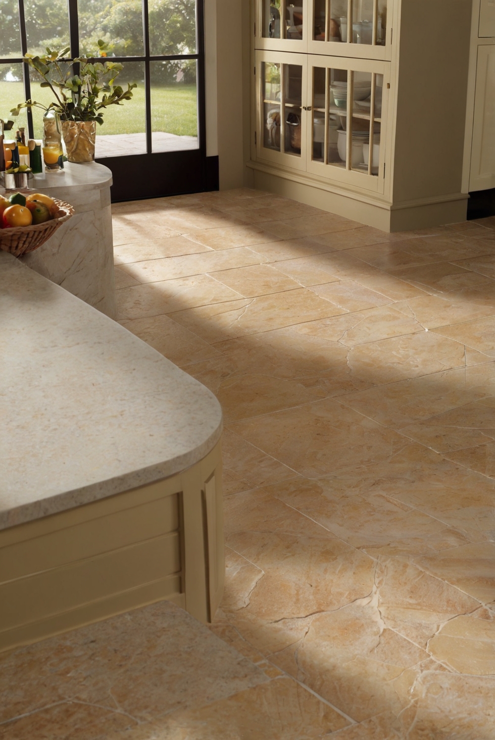 How does grout color impact the appearance of kitchen flooring?