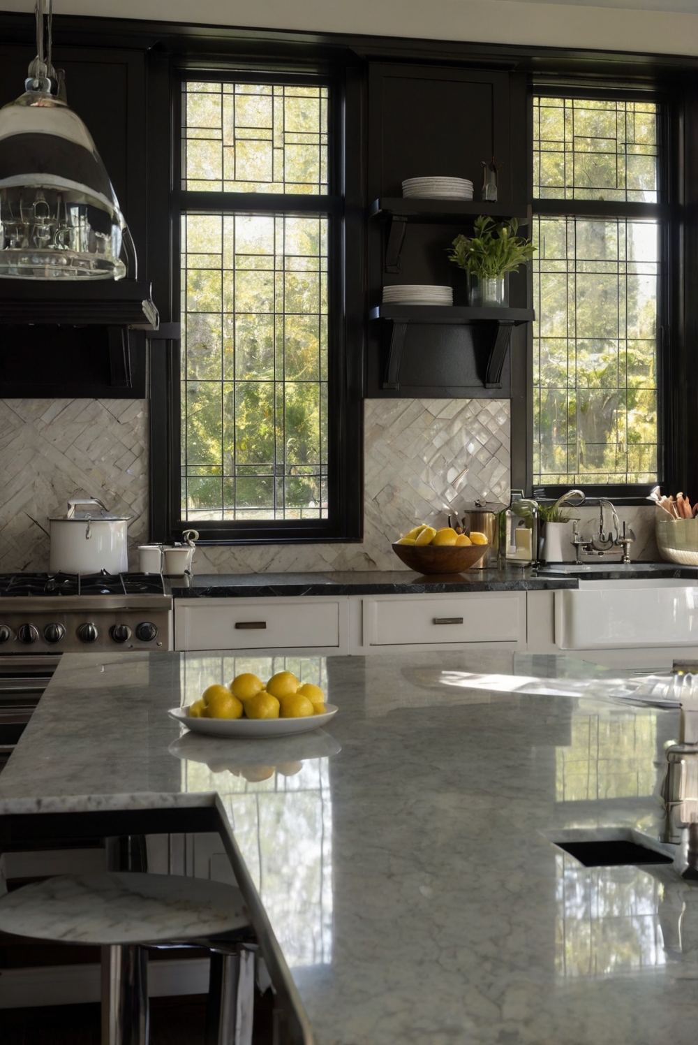 What window treatments complement countertops and enhance natural light?