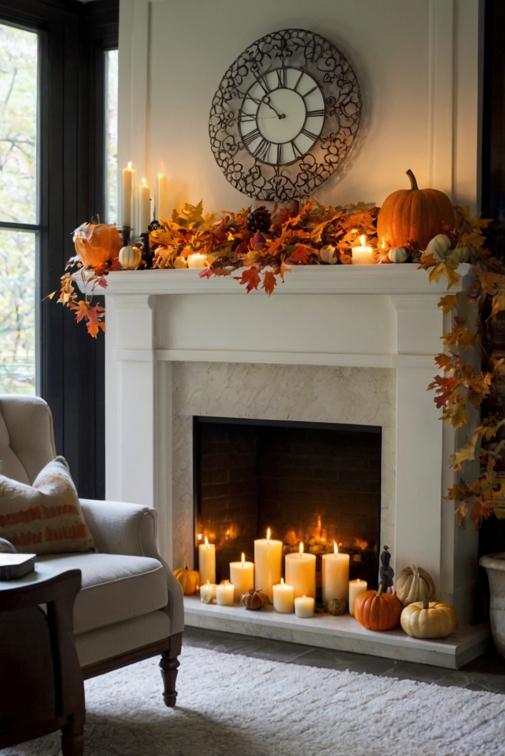 decorative autumn mantel, fall fireplace decor, elegant fall mantel, seasonal mantel display, cozy autumn fireplace