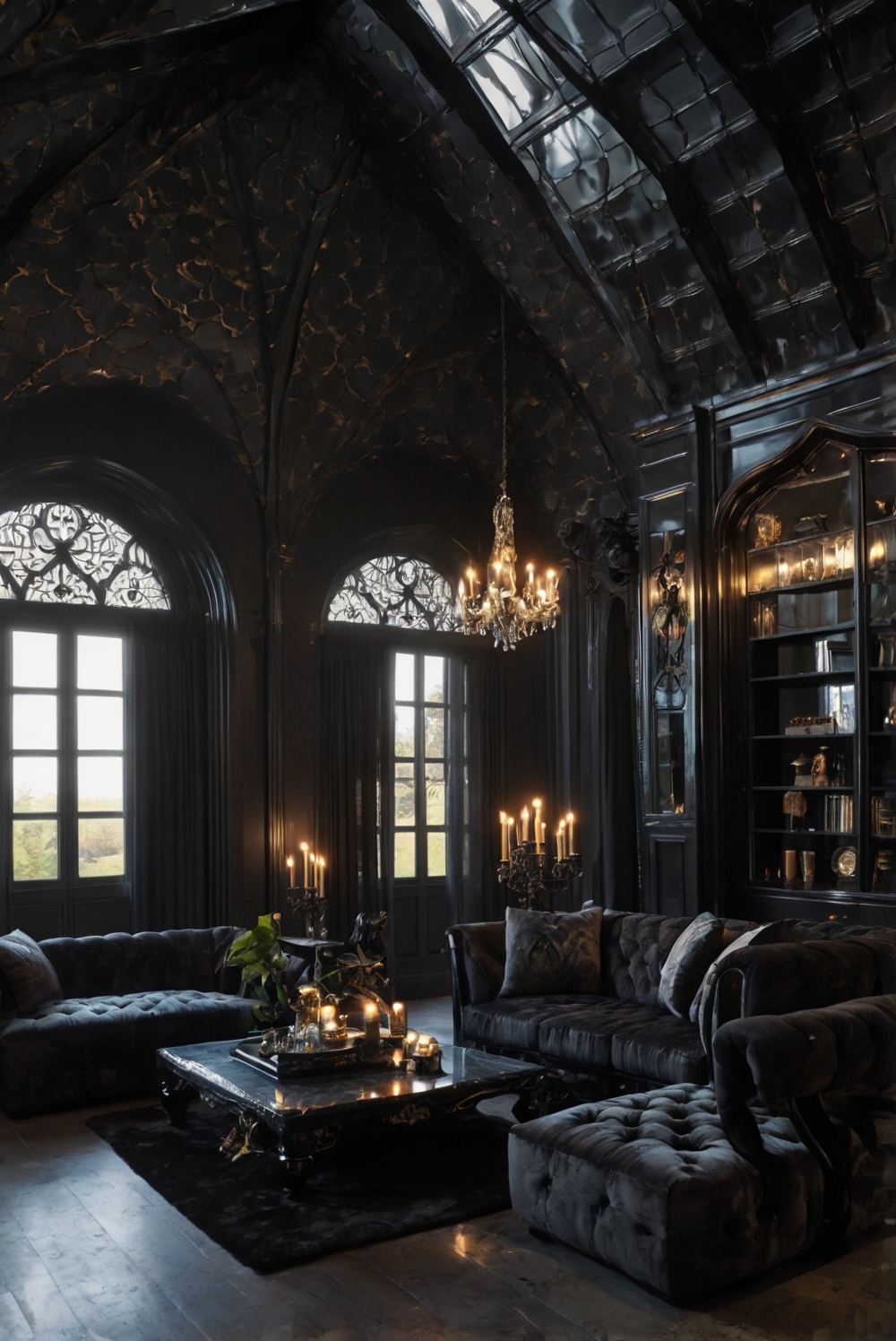 Gothic living room decor, Dark furniture, Gothic home accessories, Gothic interior design, Gothic style curtains