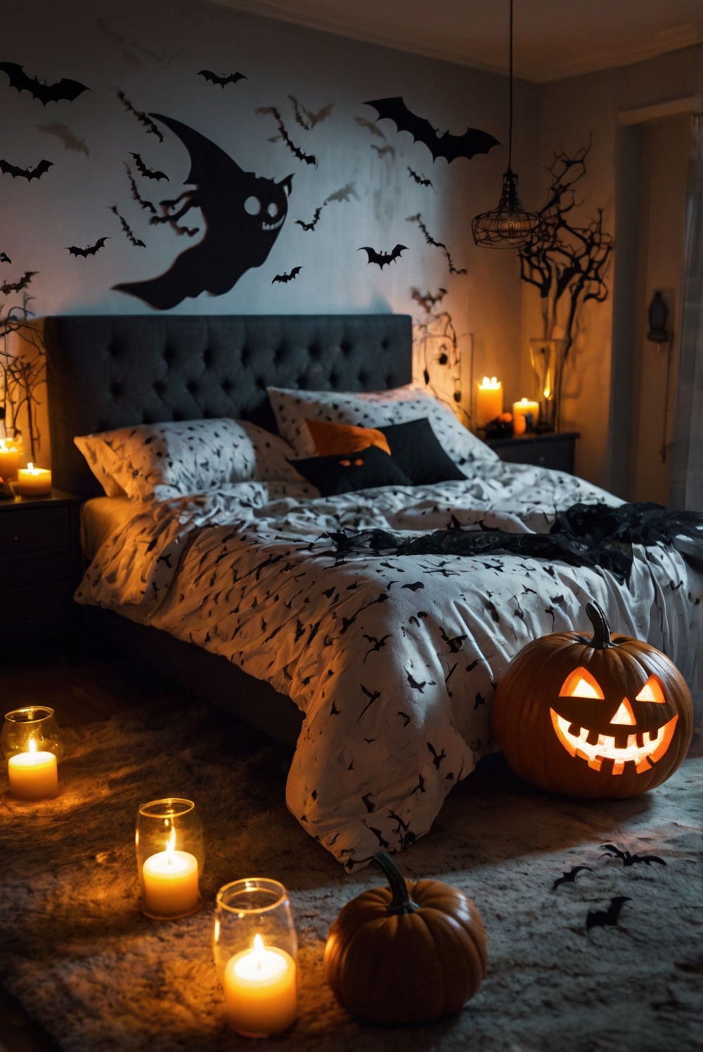 Halloween bedroom decor, Halloween home decor, Spooky bedroom ideas, Ghostly bedroom decorations, Haunted bedroom theme