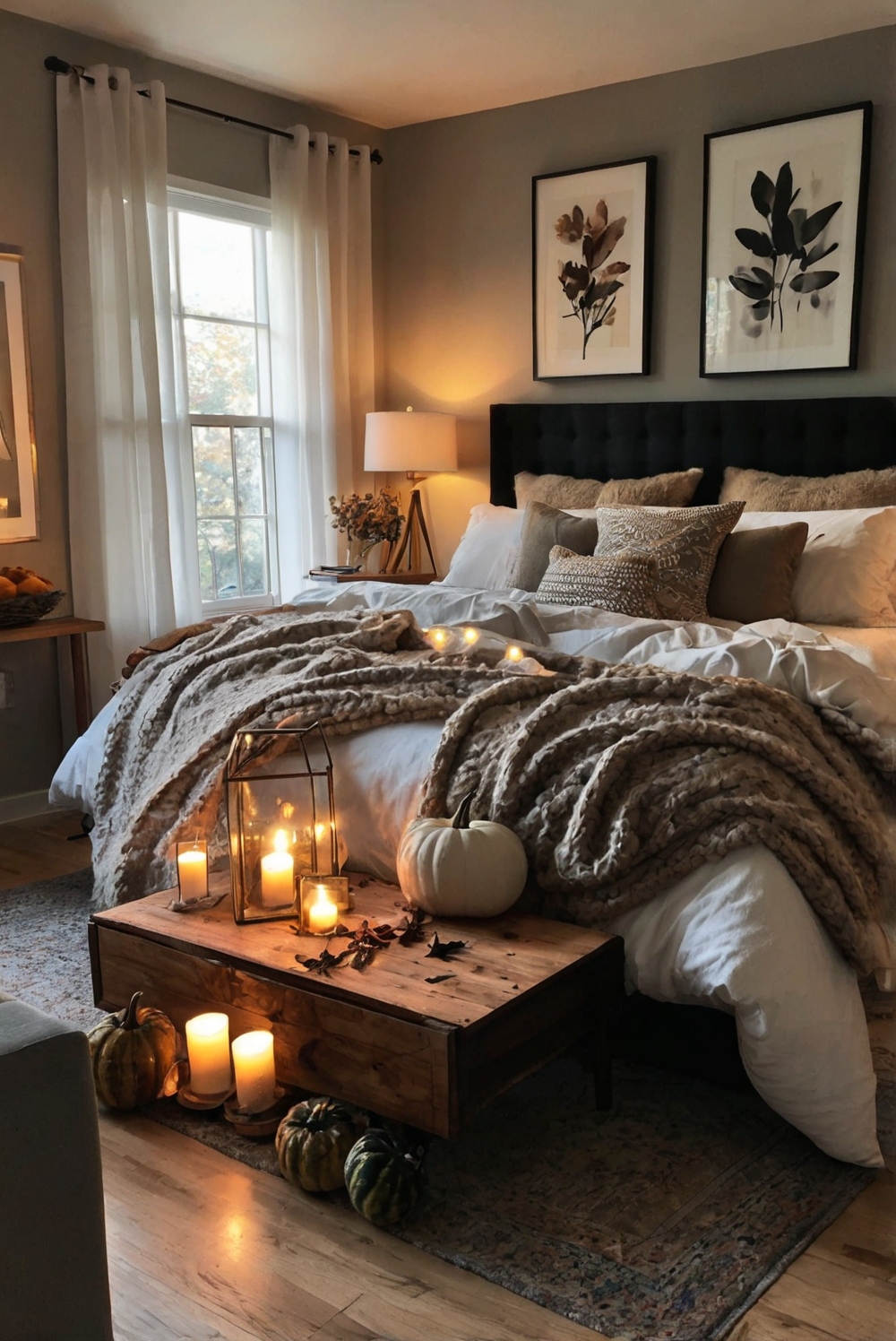 Cozy bedroom decor, Warm bedding, Fall-inspired pillows, Rustic bedroom furniture, Ambient lighting