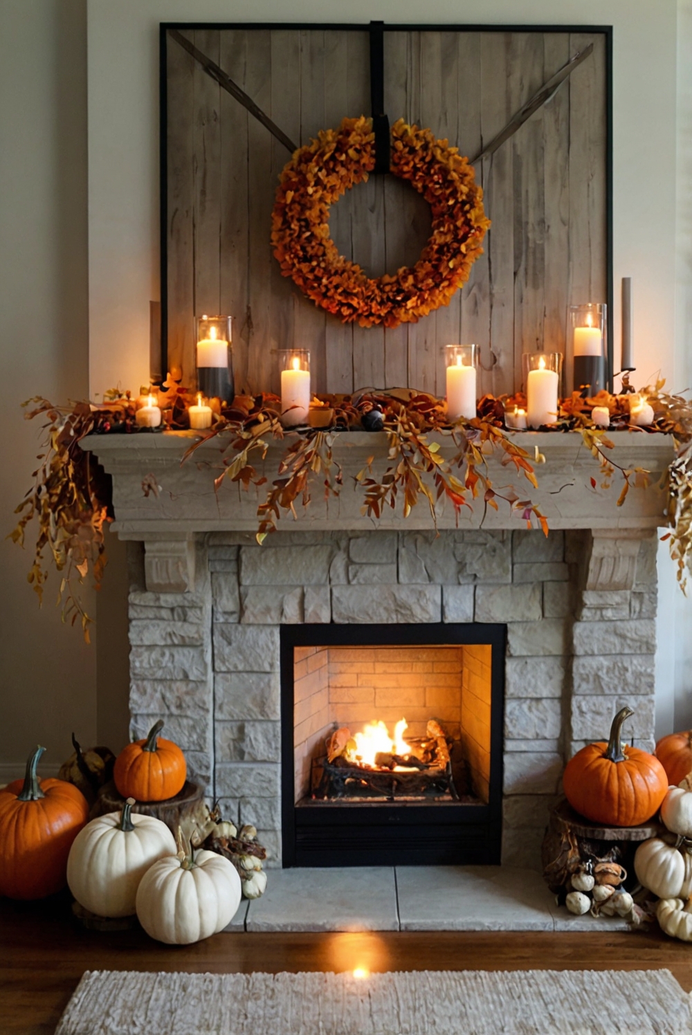 Fall mantel decor, fireplace mantle decor, autumn mantel ideas, seasonal mantel display, elegant mantel decorations