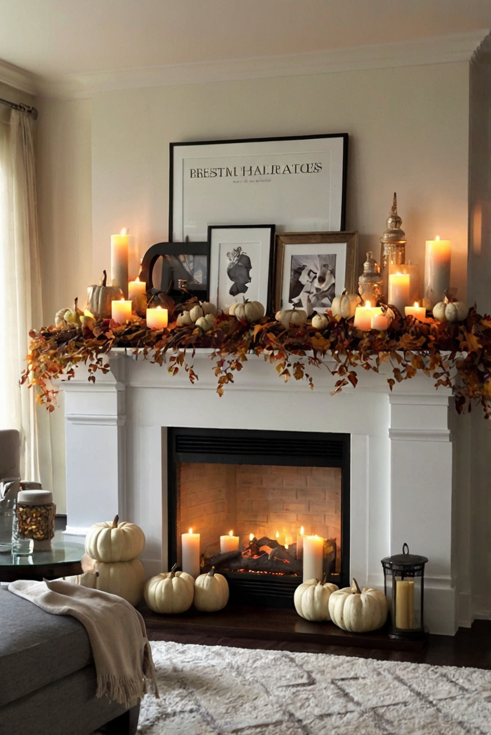 Fall mantle decor, Elegant fireplace decorations, Chic mantel design, Modern autumn home decor, Stylish living room accents