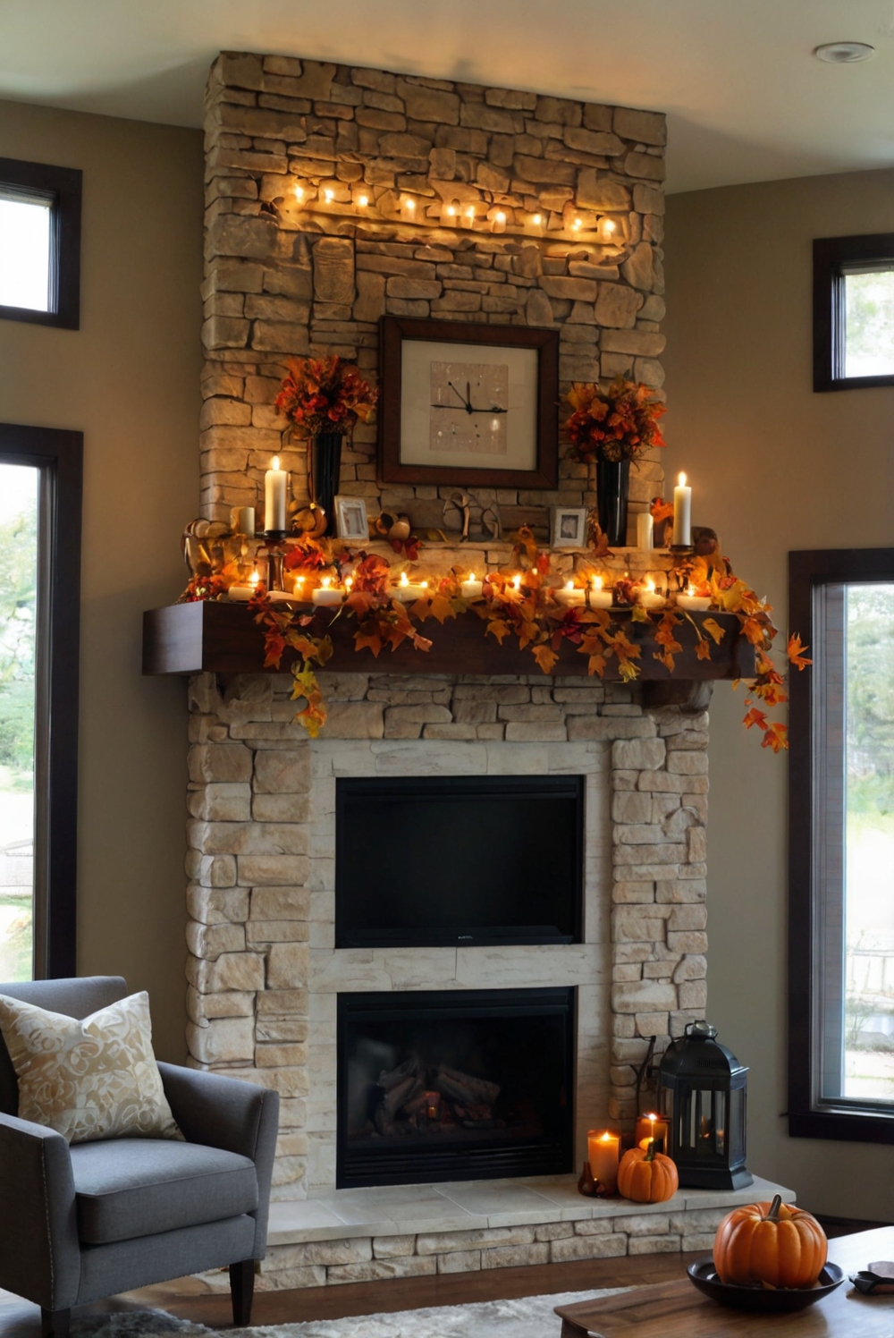 Fall mantel decor, Autumn home decor, Fireplace mantel ideas, Stylish living room decor, Cozy fall decorations