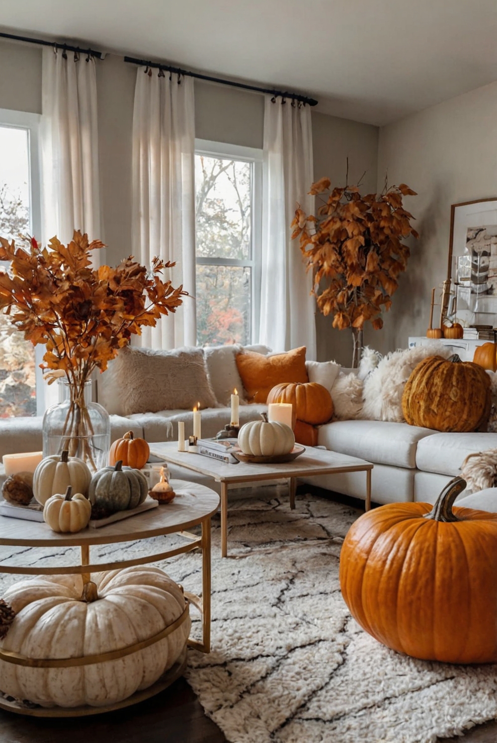 fall home decor, autumn living room decor, elegant fall decorations, cozy fall living room, modern fall decor