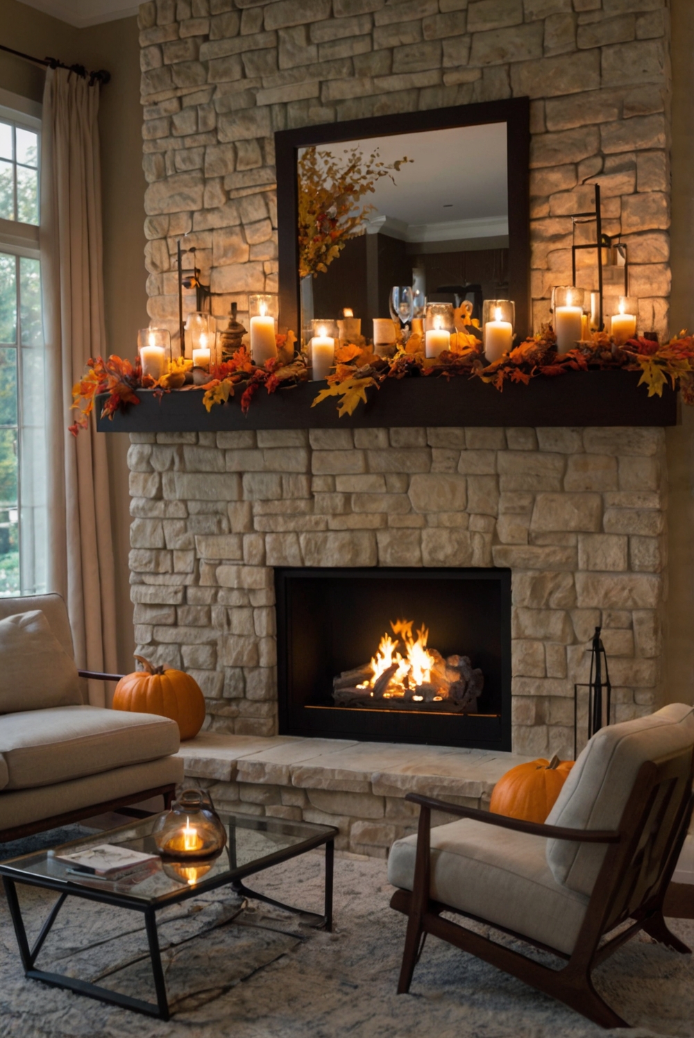 Fireplace Mantel Decor, Cozy Fire Pit Design, Autumn Hearth Decor, Home Fireplace Accents, Warm Fall Living Room