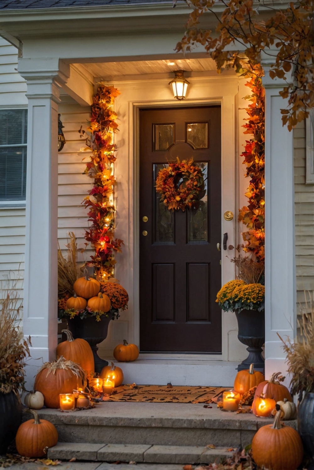 fall porch decor, autumn outdoor decorations, cozy harvest decor, seasonal front porch, rustic fall entryway