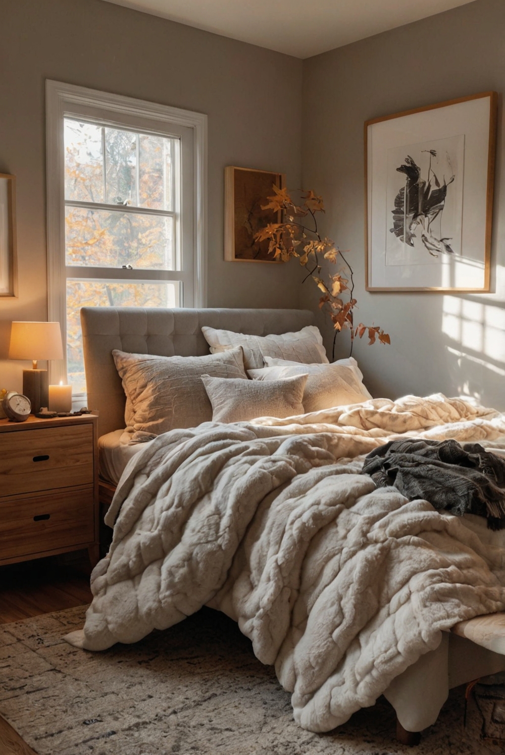 Bedroom makeover , Cozy furniture, Warm color palette, Fall decor, Interior design