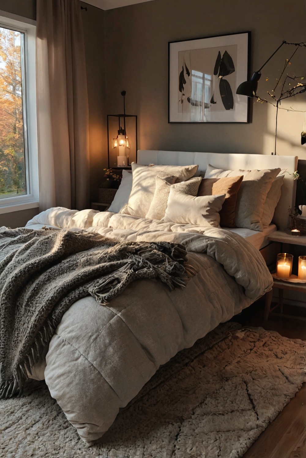 Fall bedroom decor, Cozy bedding, Bedroom makeover, Bedroom textiles, Bedroom lighting