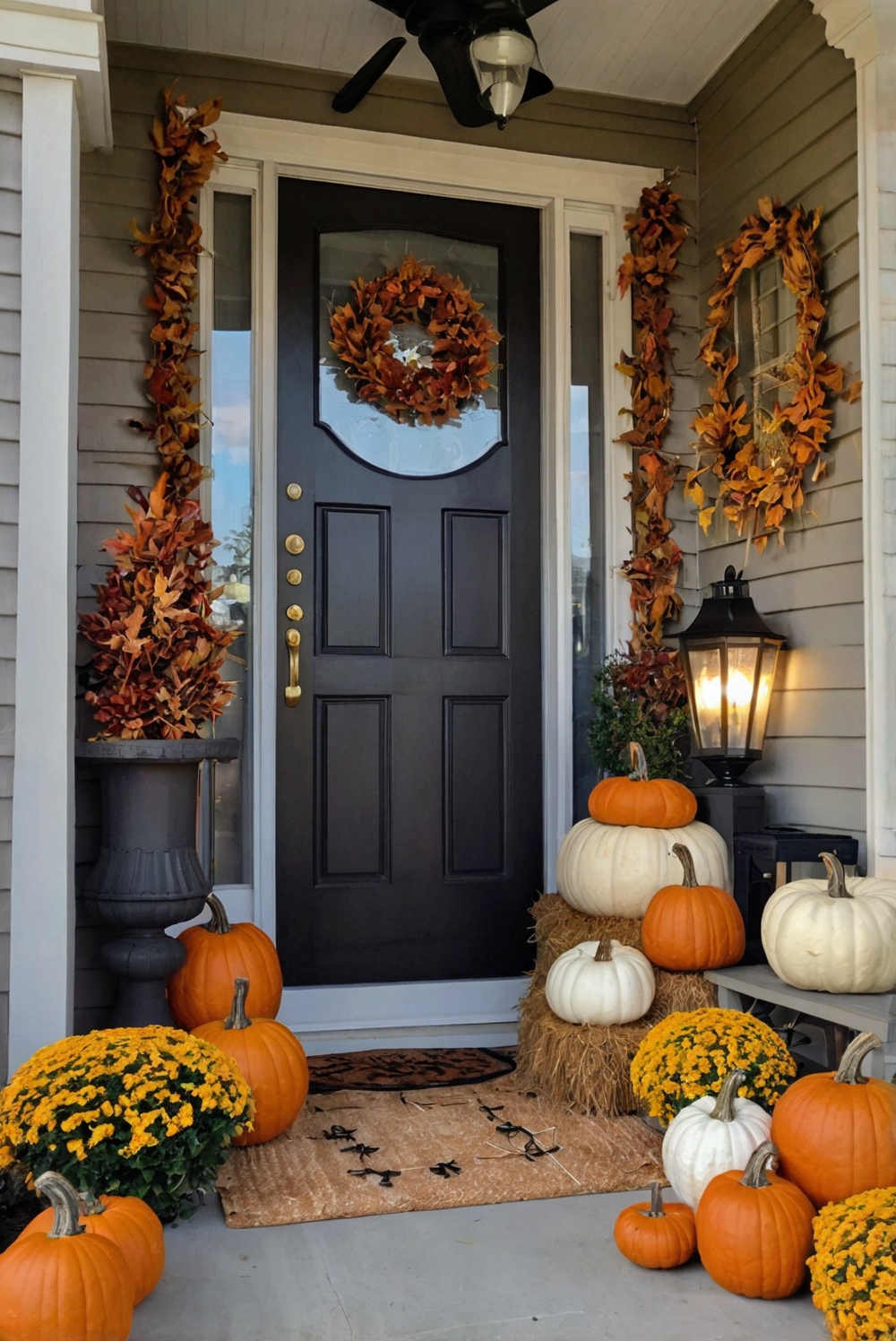 Fall porch decor, Outdoor autumn decor, Festive front porch, Rustic seasonal decorations, Elegant fall landscaping