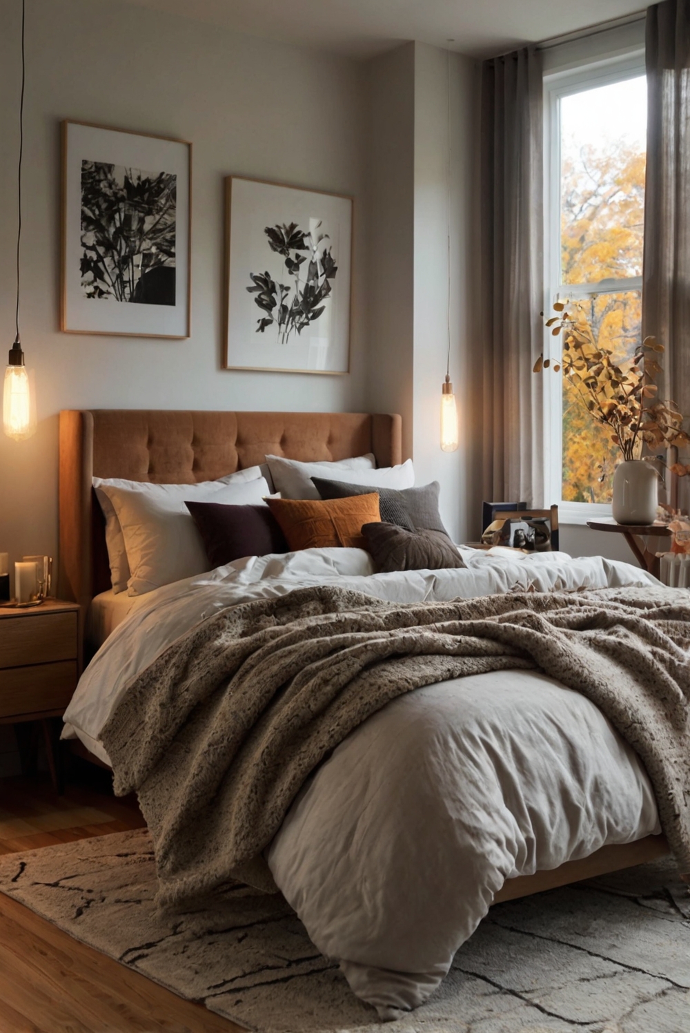 Bedroom decor, Modern bedframe, Cozy bed linens, Warm lighting, Elegant furniture