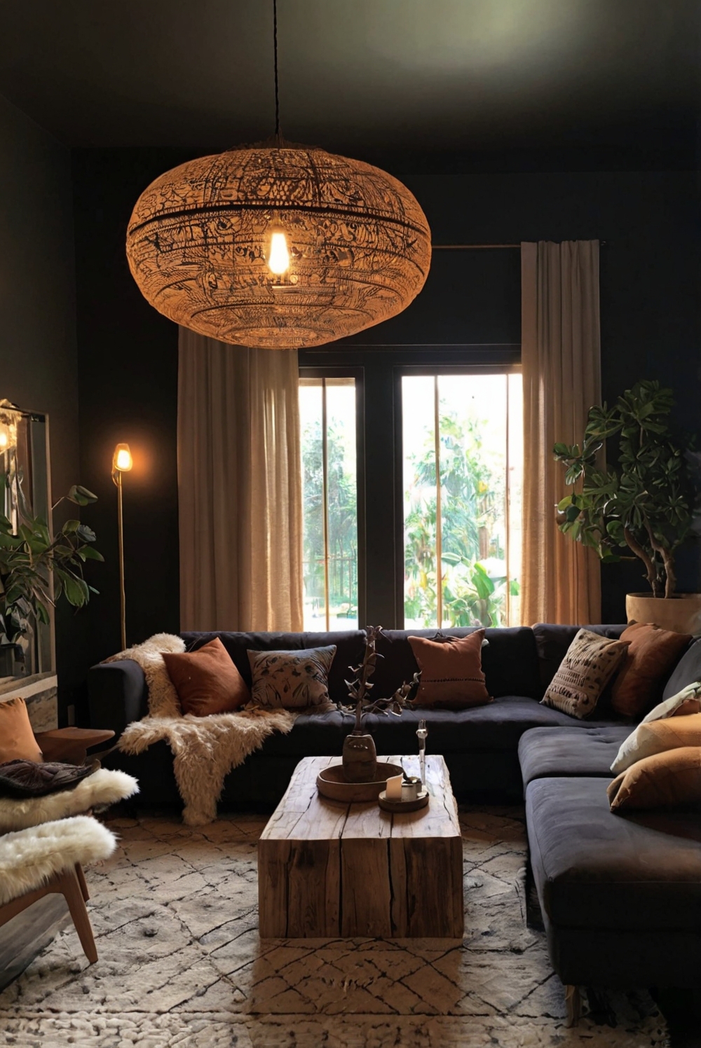 dark boho decor, bohemian living room ideas, stylish boho furniture, modern boho design, chic boho home