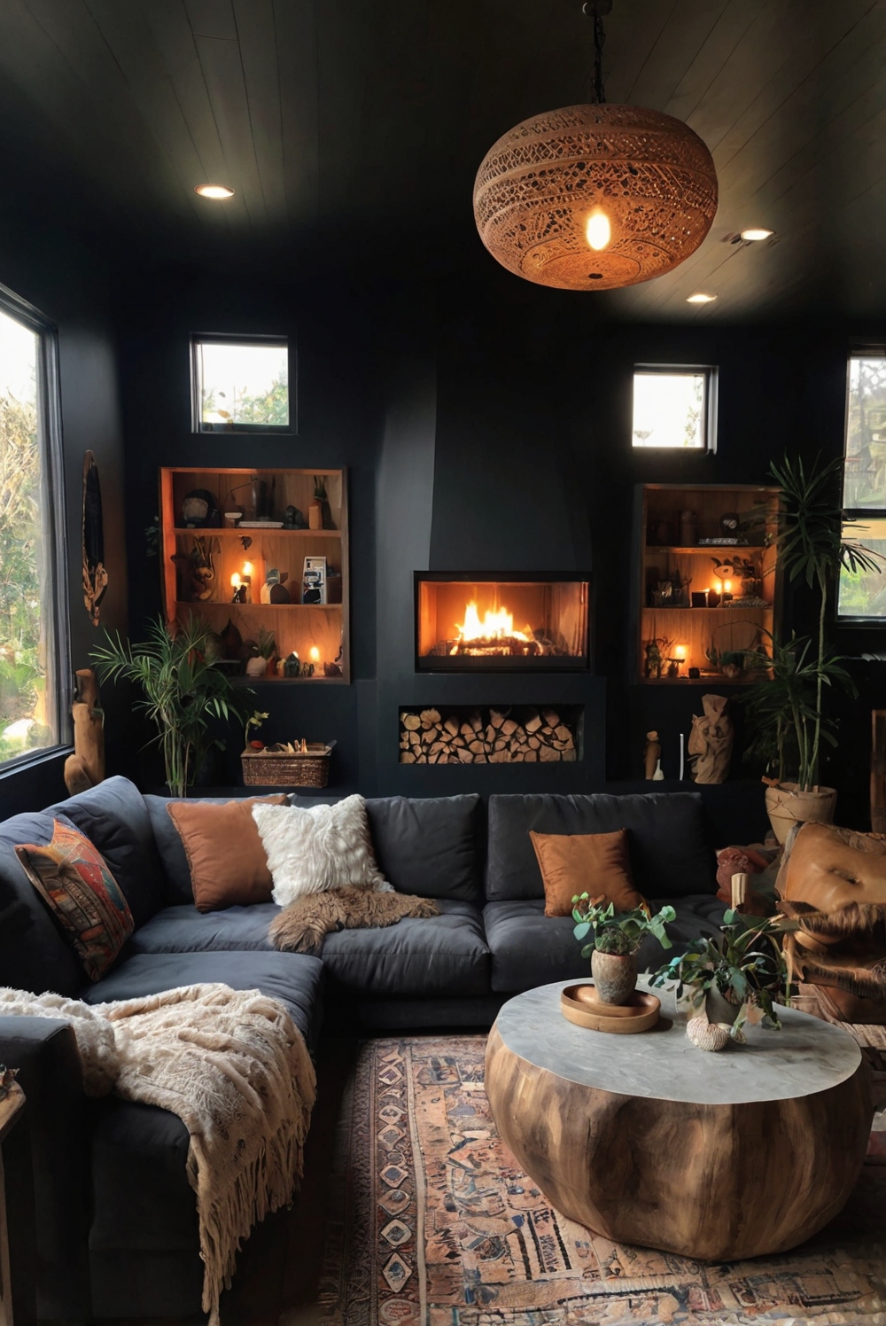 Dark Boho Decor, Cozy Living Room Ideas, Bohemian Home Design, Modern Boho Interiors, Eclectic Living Spaces