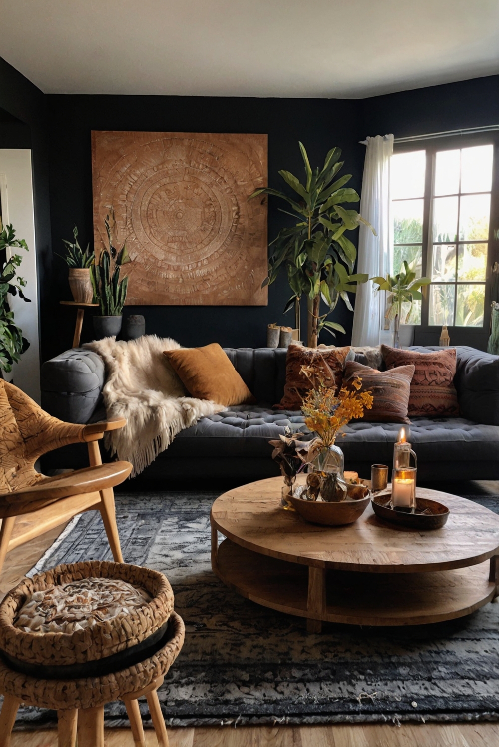 Boho living room decor, Bohemian interior design, Modern boho chic, Dark color palette, Eclectic home style