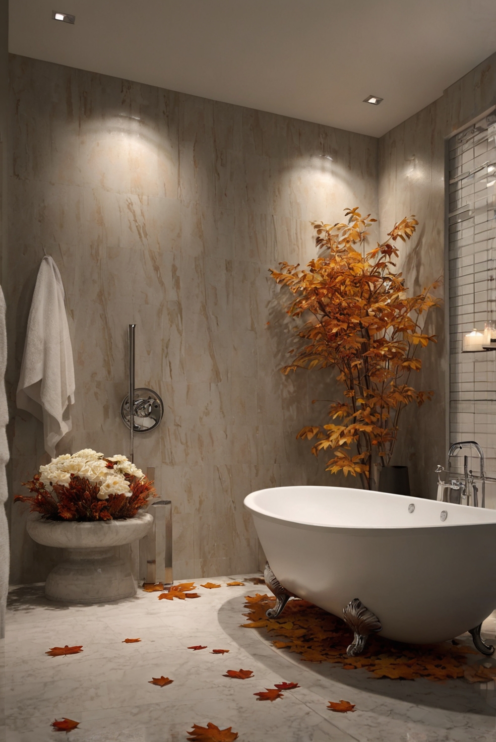 Fall bathroom decor, Cozy bathroom design, Relaxing bathroom ideas, Autumn bathroom themes, Warm bathroom color schemes