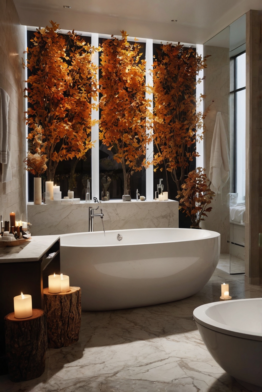 Luxurious bathroom decor, Fall bathroom inspiration, Cozy bathroom design, Fall renovation ideas, Elegant bathroom accessories