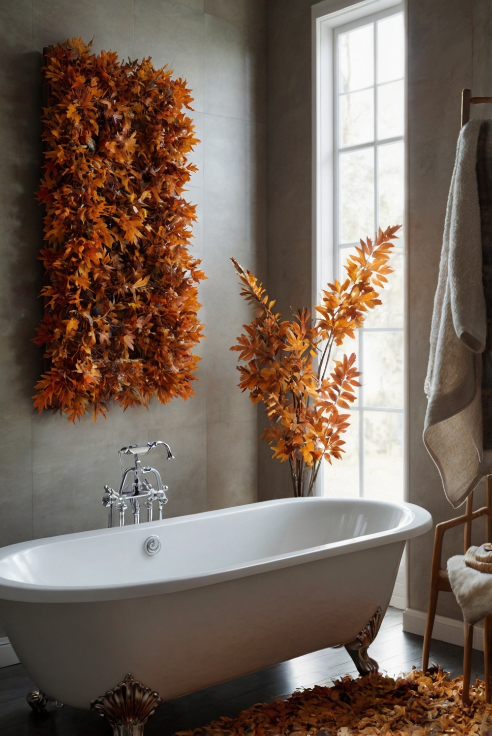 Fall bathroom decor, Warm bathroom ambiance, Relaxing bathroom design, Cozy bathroom decorations, Autumnal bathroom accents