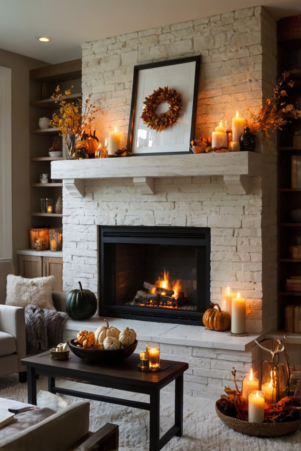 fireplace decor, mantel design, fall home decor, cozy living room, autumn inspired ambiance