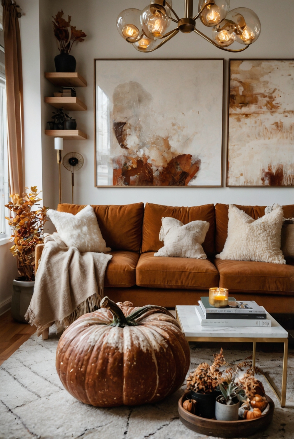 fall decor ideas, autumn home design, cozy living room, seasonal interior design, warm color palette