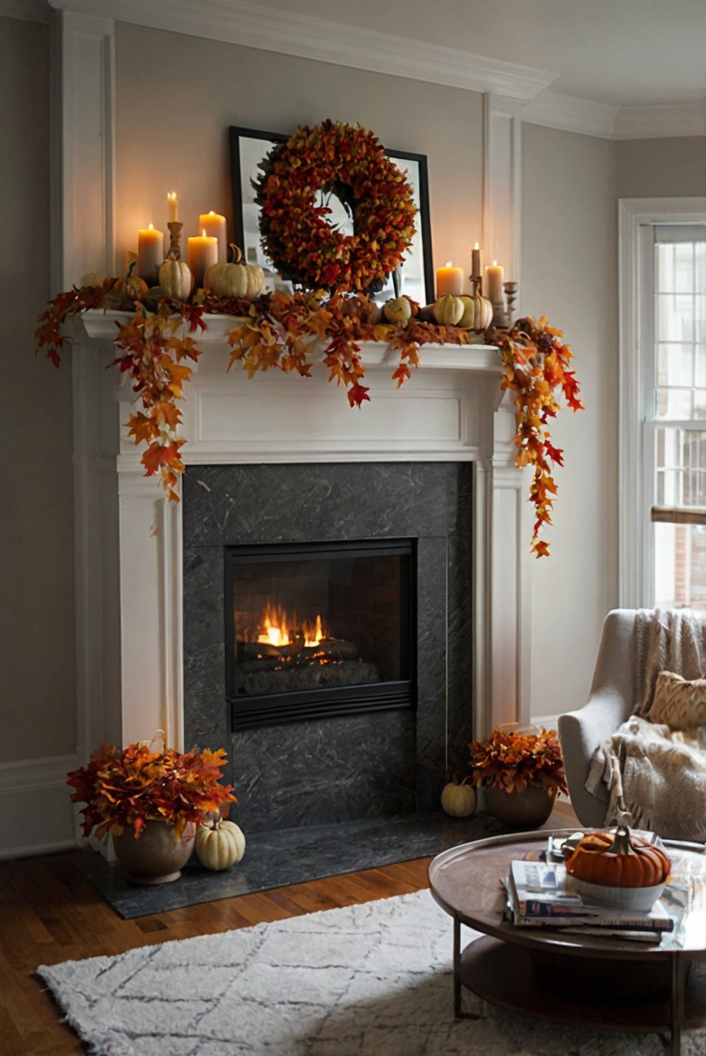 fall mantle decor, fall fireplace decor, cozy fall home decor, autumn mantel decorations, seasonal living room decor