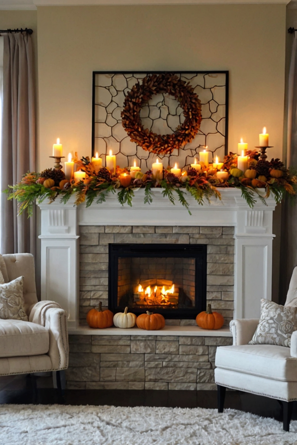 fireplace mantel decor, living room decor, autumn home decor, cozy fall decor, elegant mantle decor