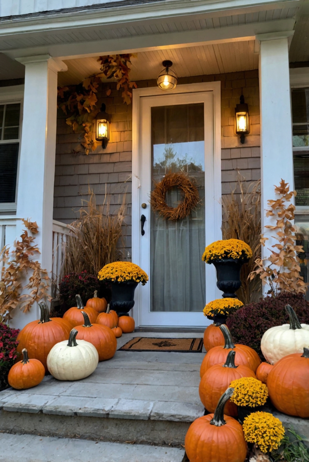 outdoor fall decor, fall porch decorating ideas, autumn front porch, seasonal porch decorations, harvest porch display