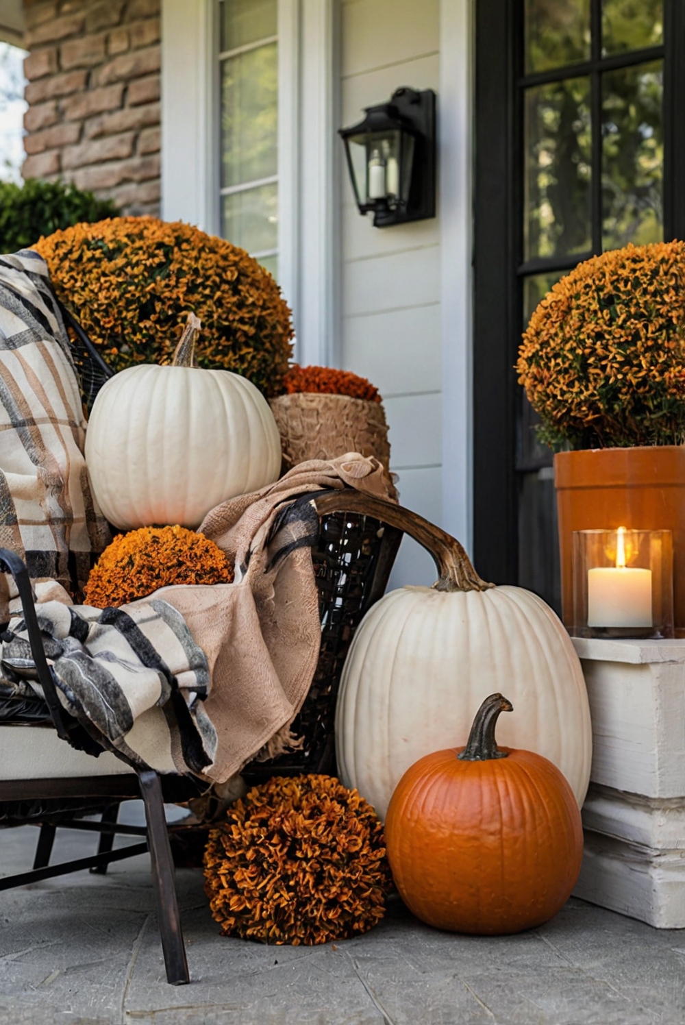 fall porch decor, outdoor autumn decorations, seasonal front porch, Thanksgiving porch decorations, festive fall entryway