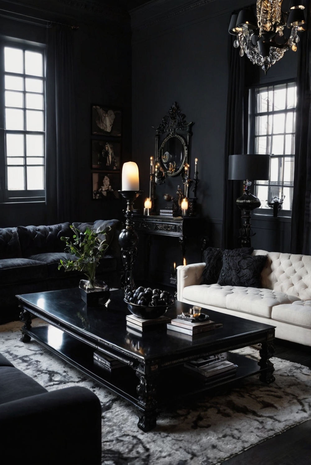 gothic home decor, dark living room design, gothic interior design, elegant gothic home, gothic style furniture