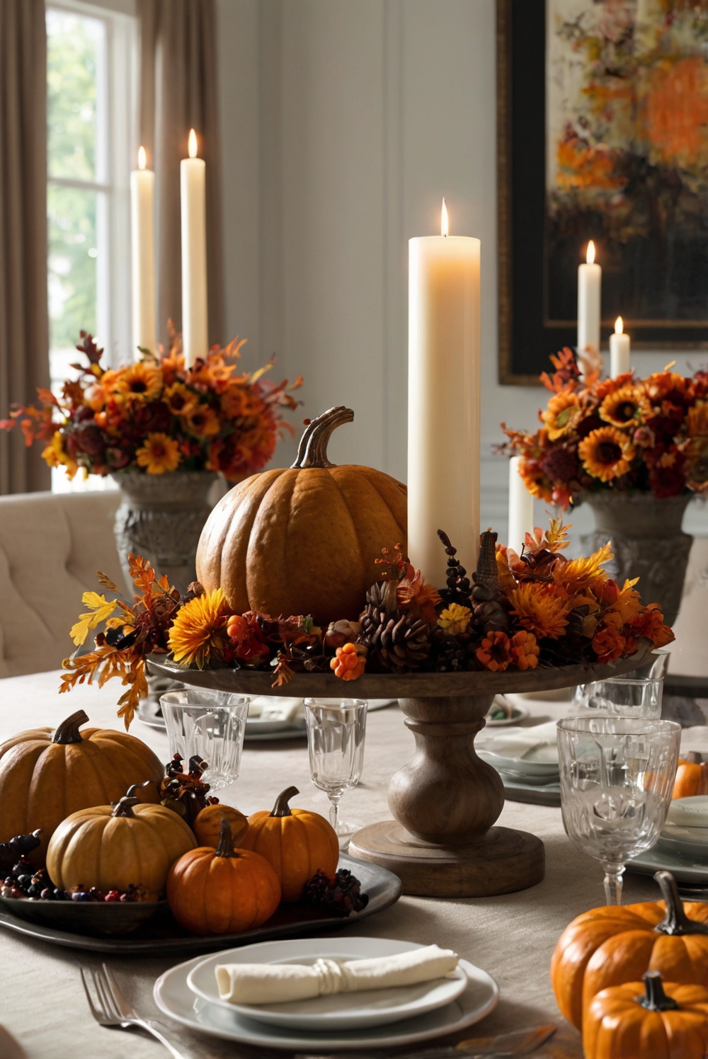 Thanksgiving table decorations, Thanksgiving centerpiece ideas, Thanksgiving home decor, Fall themed dining room, Elegant autumn decorations