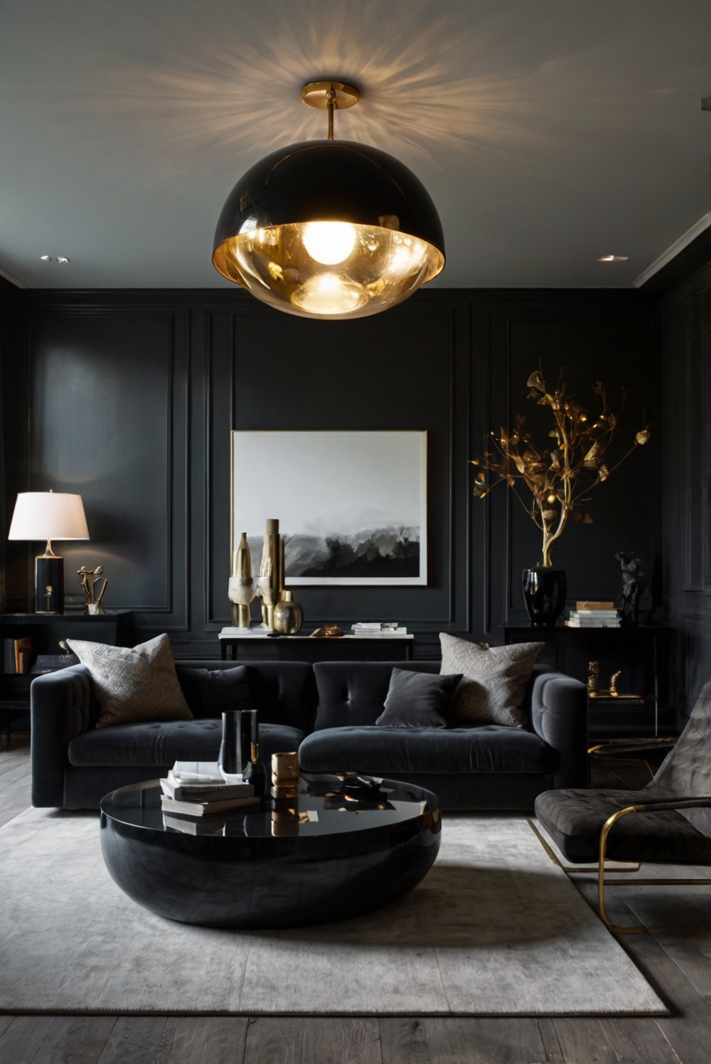 Upgrade living room decor, Black accent wall, Stylish black furniture, Modern black decor, Elegant black interiors.