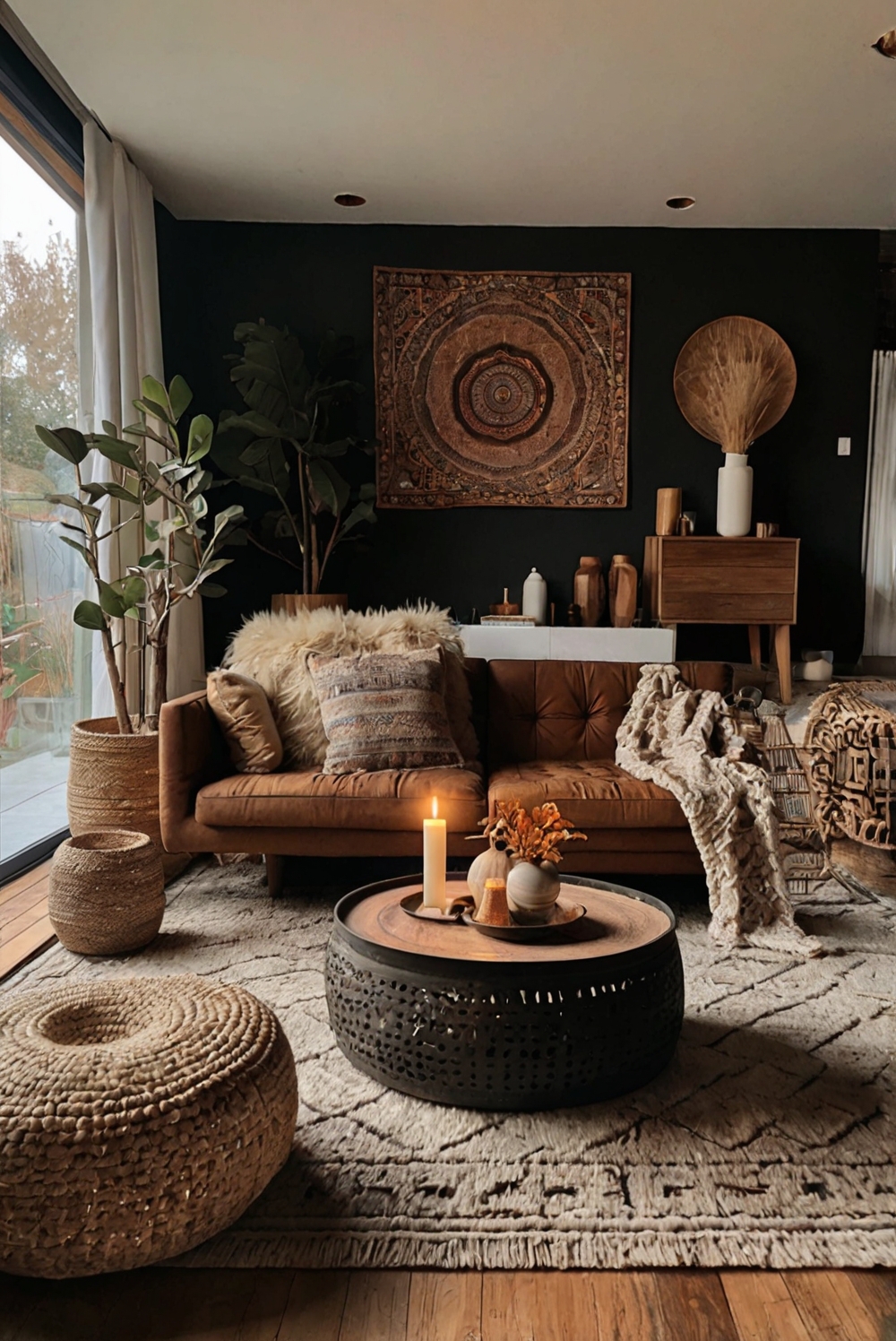 Bohemian living room decor, Boho style furniture, Modern boho home decor, Dark boho interior design, Trendy bohemian living room