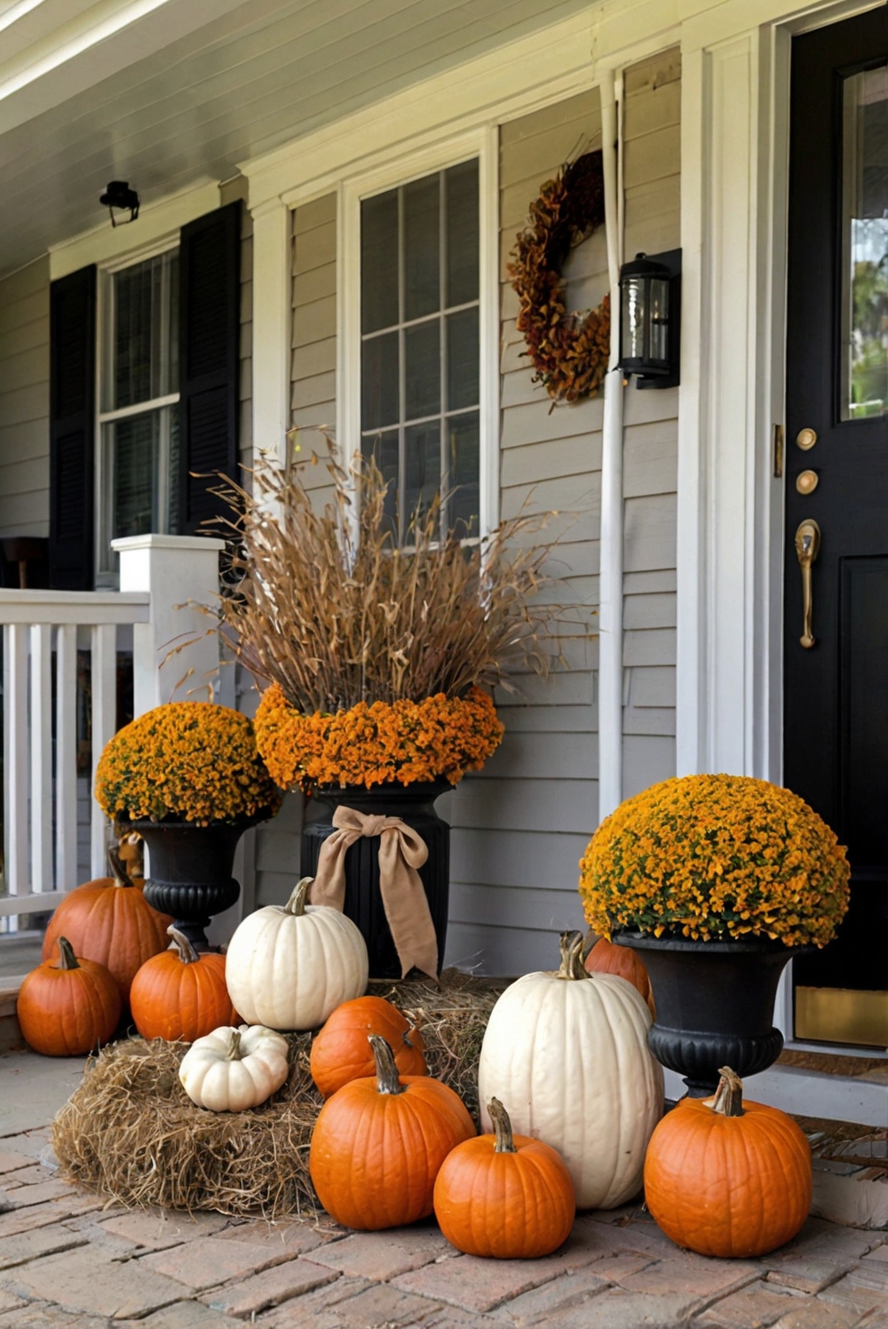 Fall porch decor, Autumn front porch, Outdoor fall decorations, Festive door wreath, Seasonal porch displays