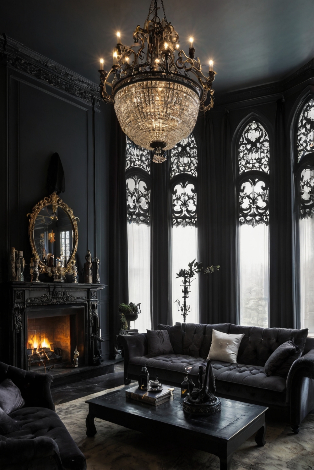 Dark velvet sofa, Gothic-inspired décor, Dramatic lighting fixtures, Victorian Gothic aesthetic, Gothic interior design