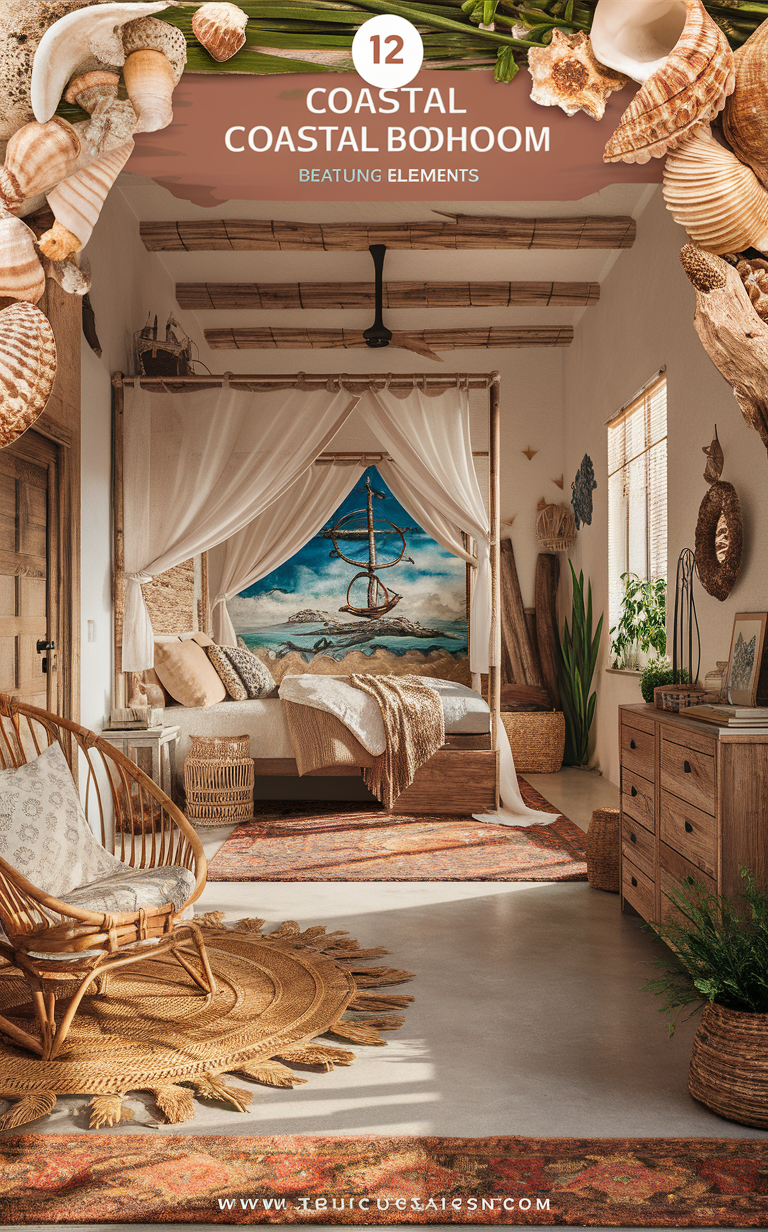 Coastal bedroom decor, Rattan furniture, Boho bedding, Beach house interior, Seagrass headboard