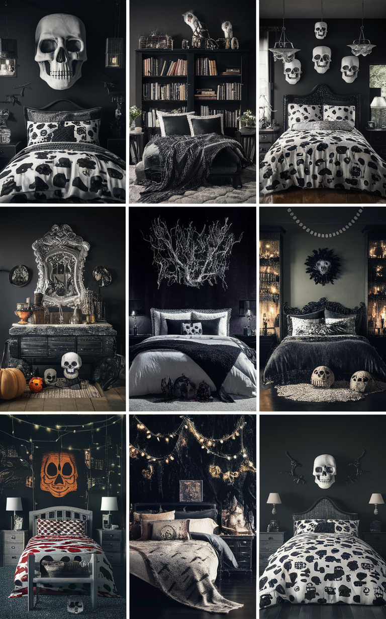 Halloween bedding, Halloween decor, Black and white bedroom, Spooky bedroom, Halloween bedroom ideas