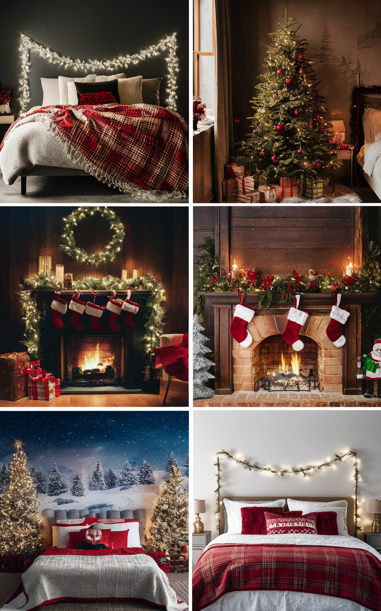 Christmas bedroom decor, cozy bedroom ideas, holiday bedroom design, festive bedroom decorations, winter bedroom theme