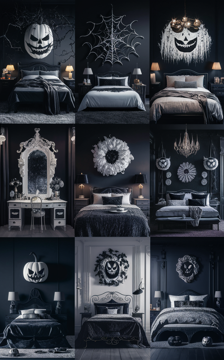 Halloween decor ideas, Gothic bedroom, Monochrome bedroom, Halloween decorating, Halloween room decor