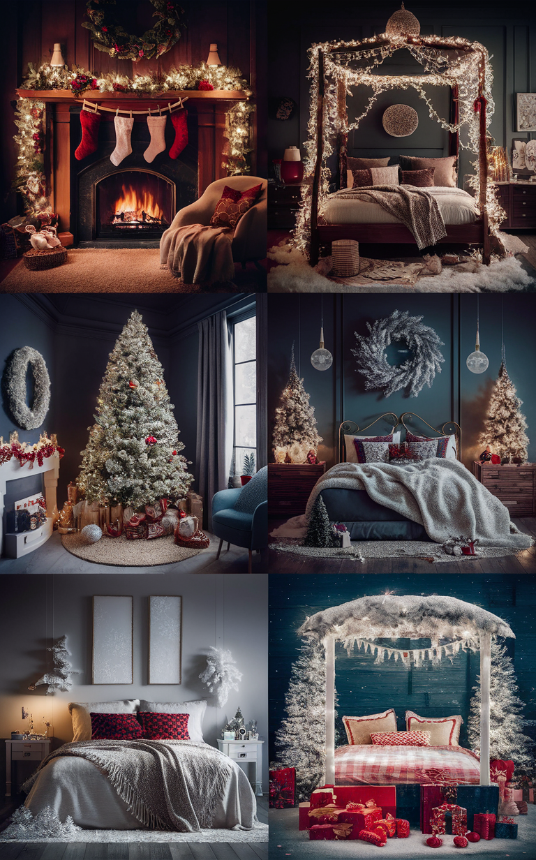 Christmas bedroom decor, Holiday bedroom decorations, Festive bedroom design, Cozy Christmas room, Seasonal bedroom ideas