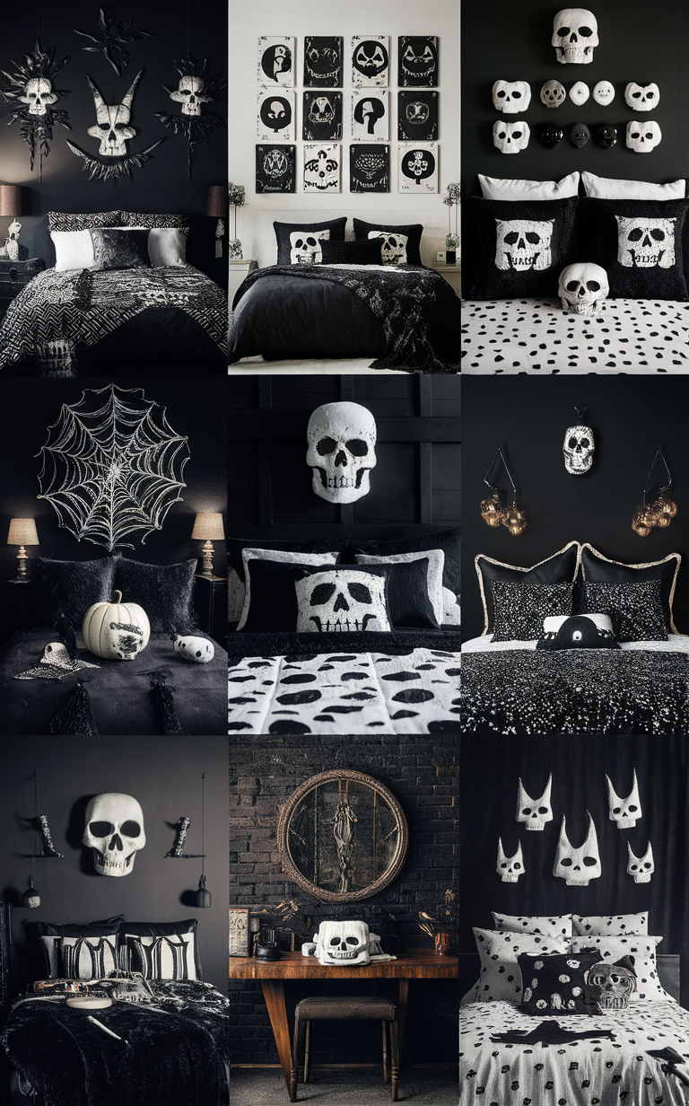 Halloween bedroom decor, Black and white decor ideas, Spooky bedroom design, Creepy bedroom decorations, Ghostly bedroom accessories