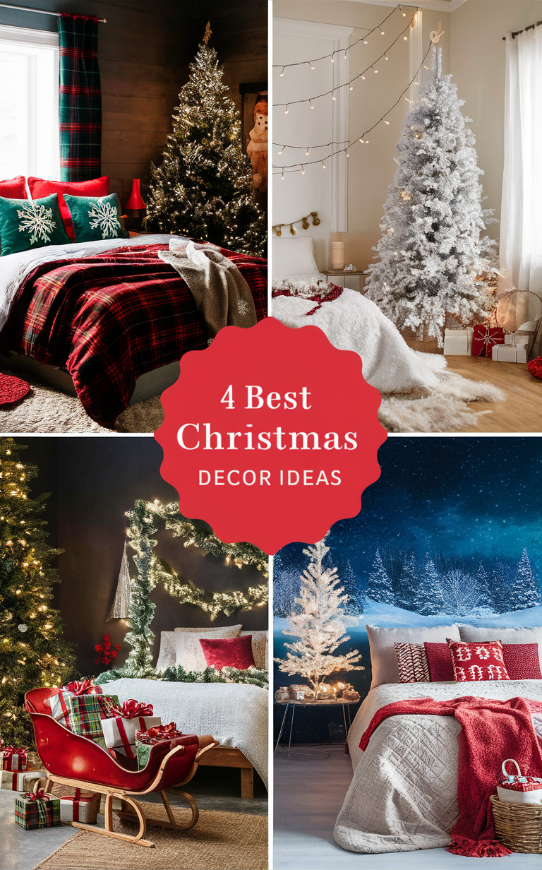 Christmas bedroom decor, Festive bedroom ideas, Holiday bedroom decorating, Winter bedroom decorations, Cozy Christmas bedroom