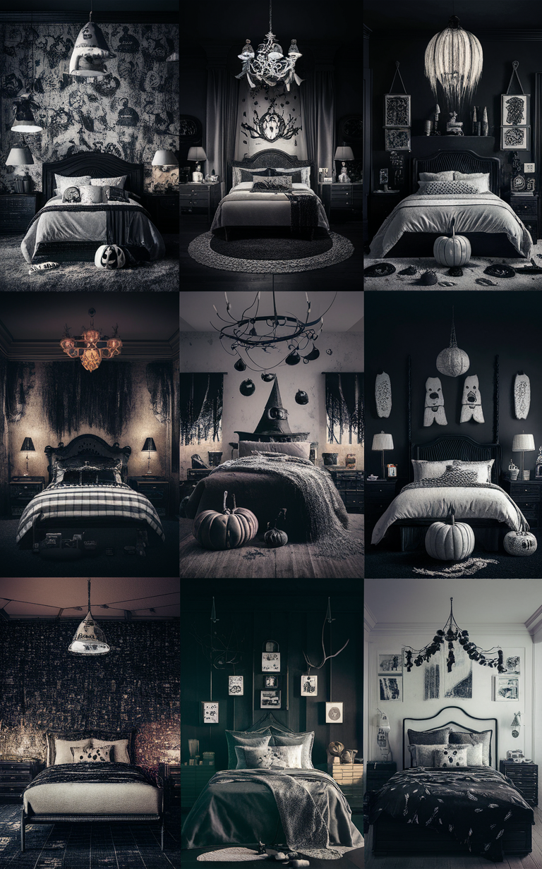 Halloween bedroom decor, Halloween bedroom ideas, Halloween themed room, Black and white Halloween decor, Spooky bedroom design