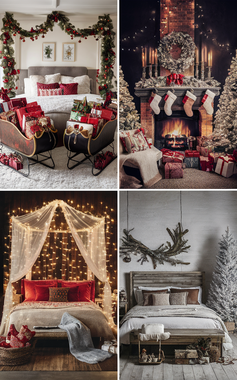 Christmas decorating ideas, holiday bedroom decor, festive bedroom themes, winter home decorations, cozy Christmas bedroom