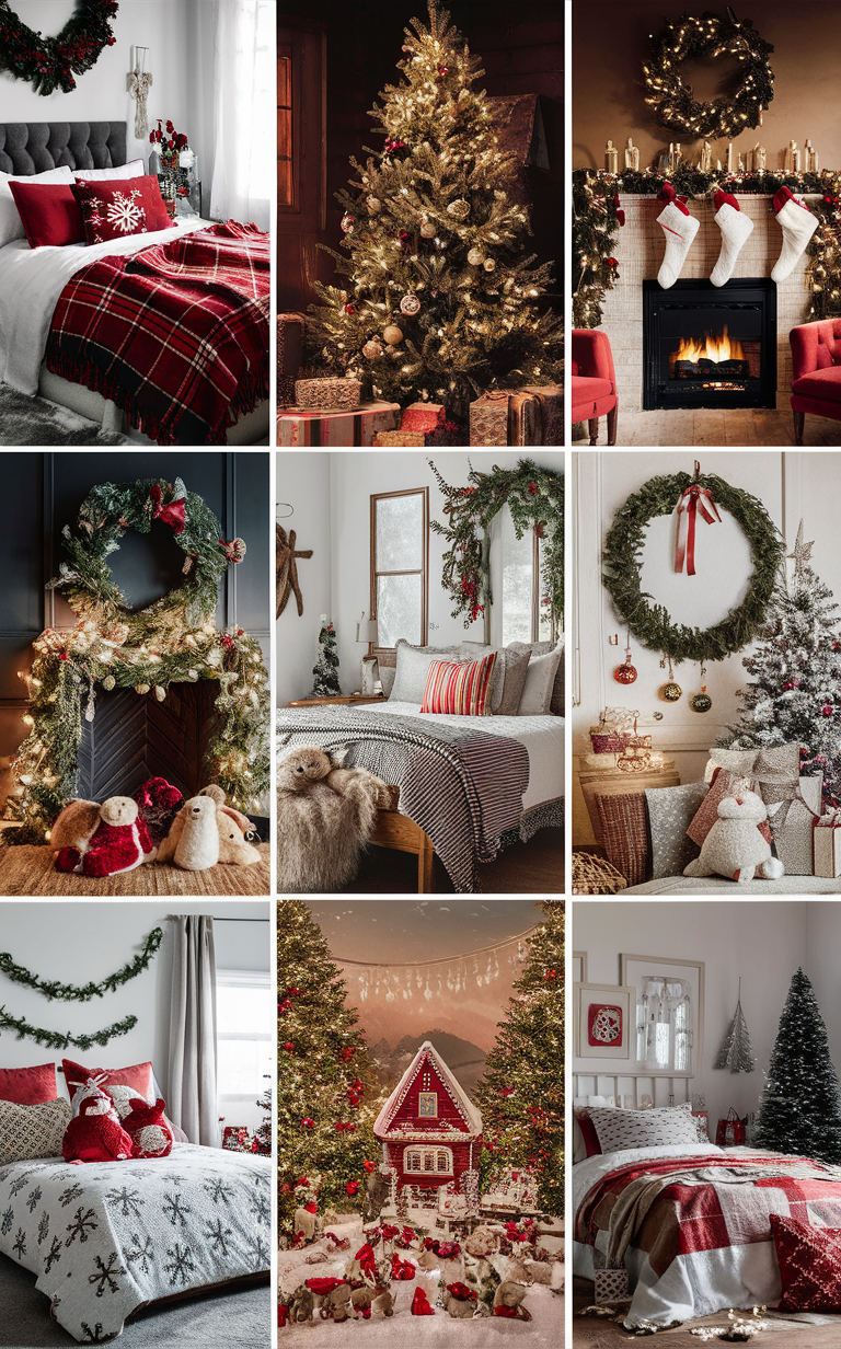 trendy Christmas bedroom decor, festive holiday bedroom, cozy winter bedroom, elegant holiday decorations, seasonal bedroom design